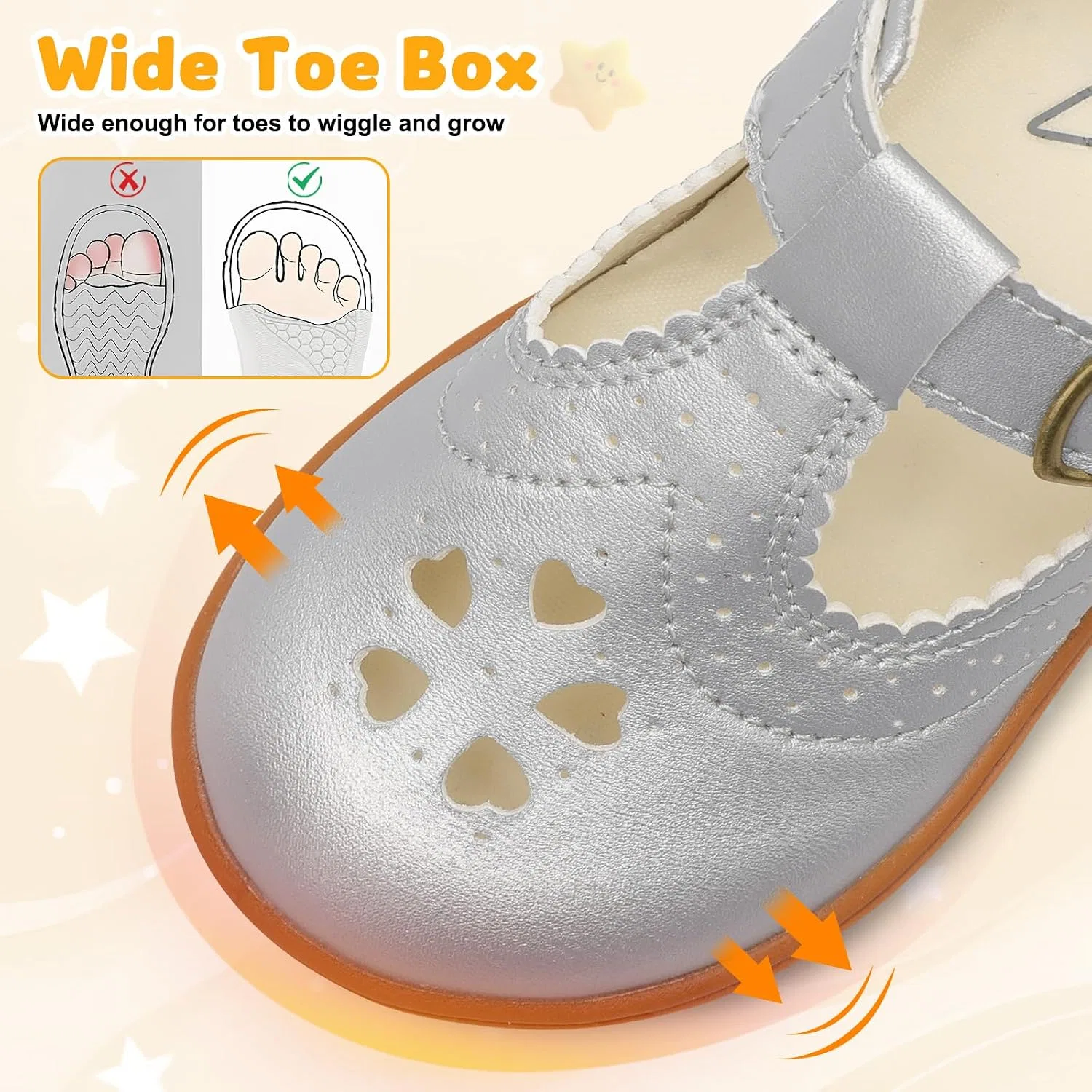 Детские туфли для девочек с широким носком Mary Jane Flats LeIsfIt, Silvery — фото 4