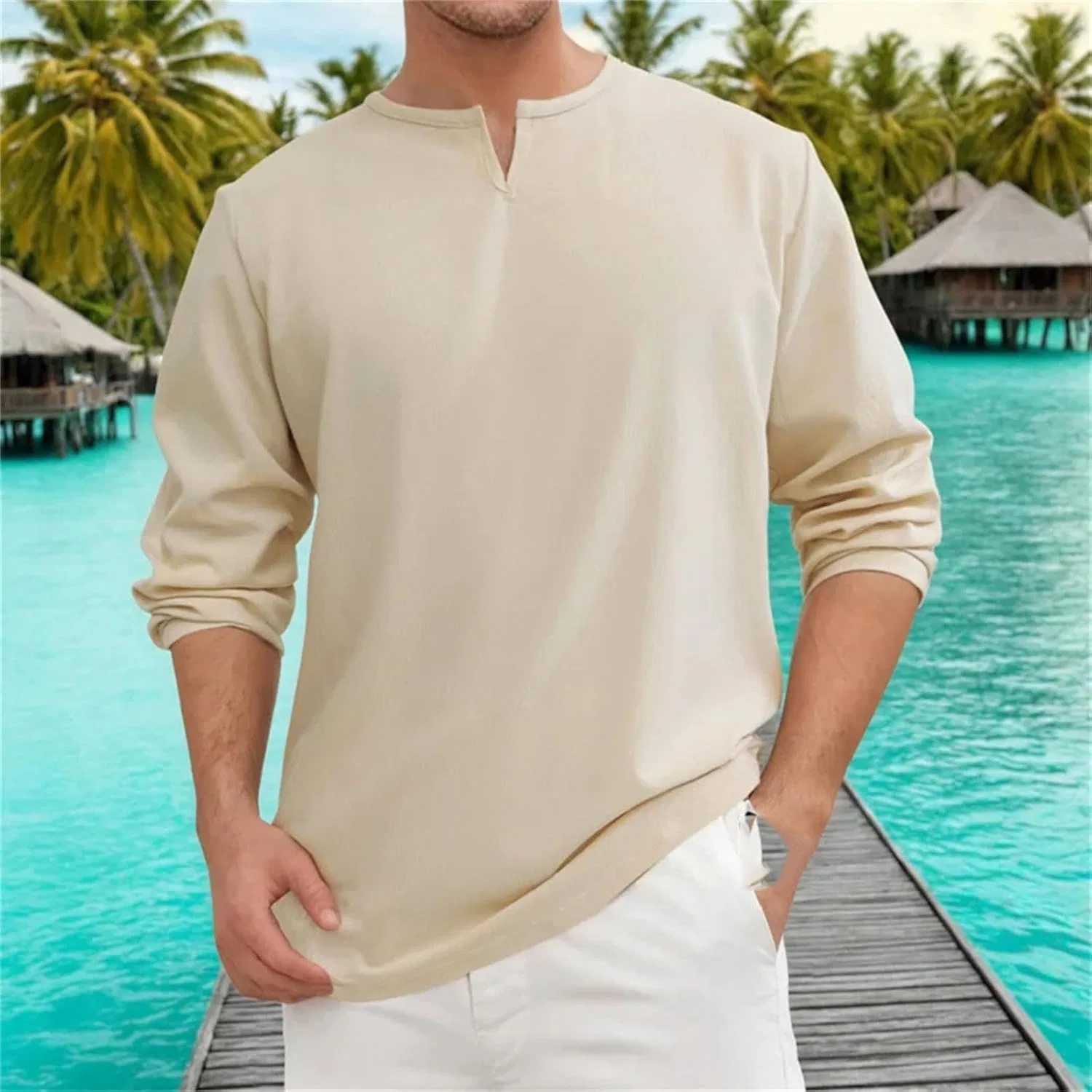 Мужская футболка с V-образным вырезом Solid Color Long-Sleeve T-Shirt, Matcha Color — фото 4