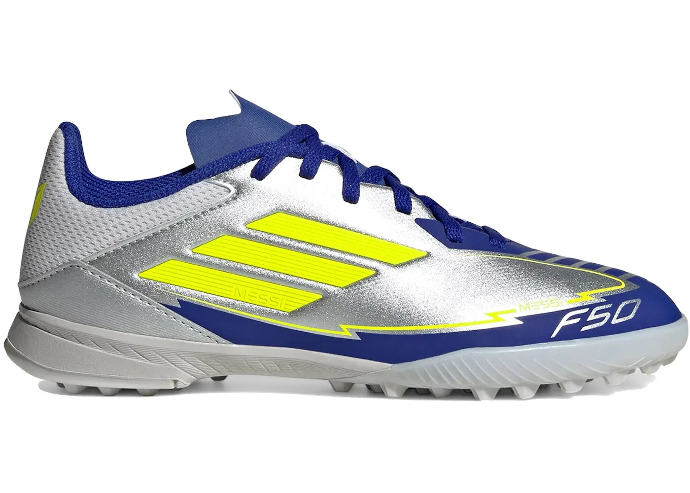 Детские кроссовки для мальчиков с синтетическим верхом Adidas F50 League TF, Silver Metallic/Solar Yellow/Lucid Blue