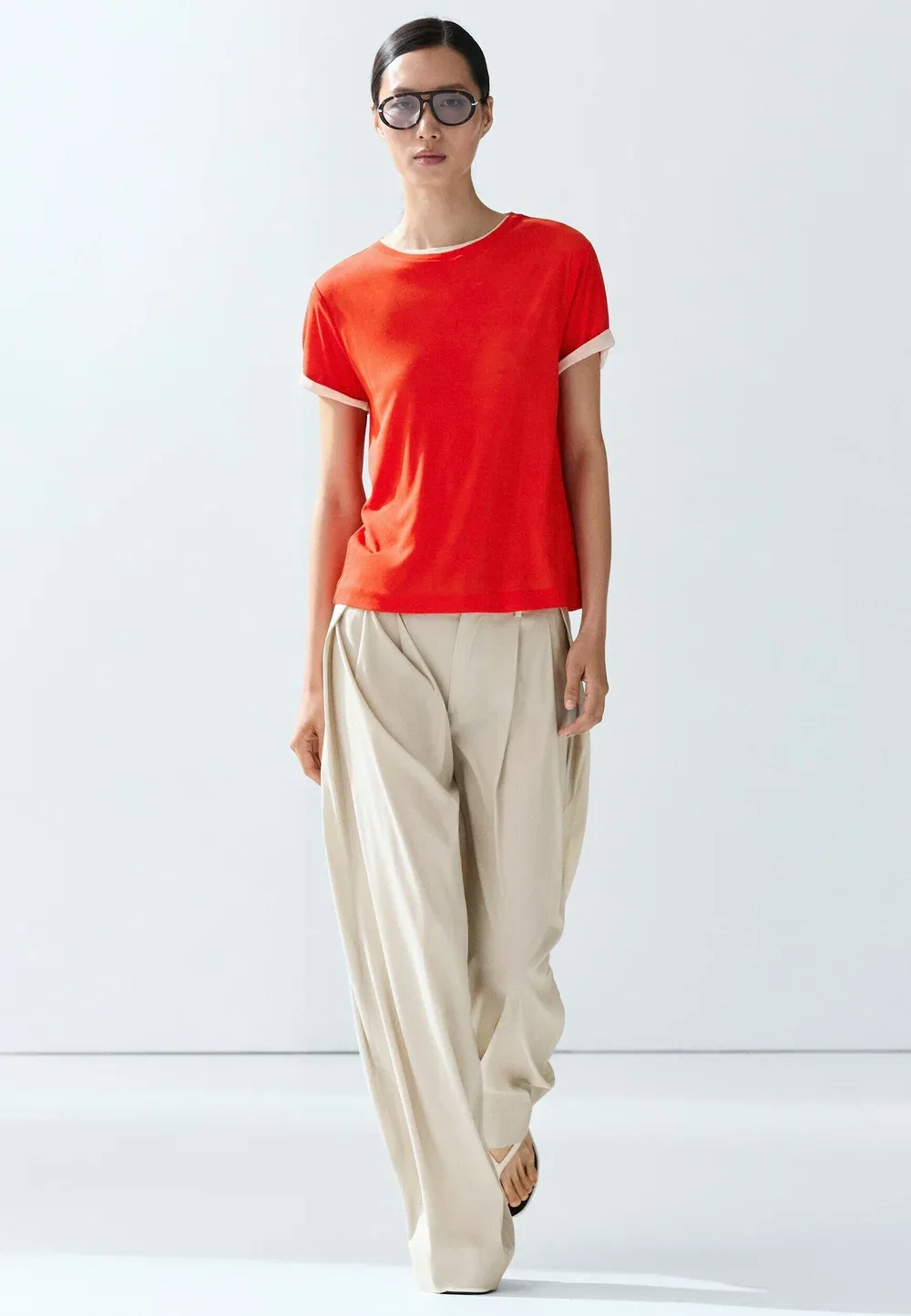 Двухслойная футболка с коротким рукавом - базовая футболка Massimo Dutti, Mottled Orange — фото 4
