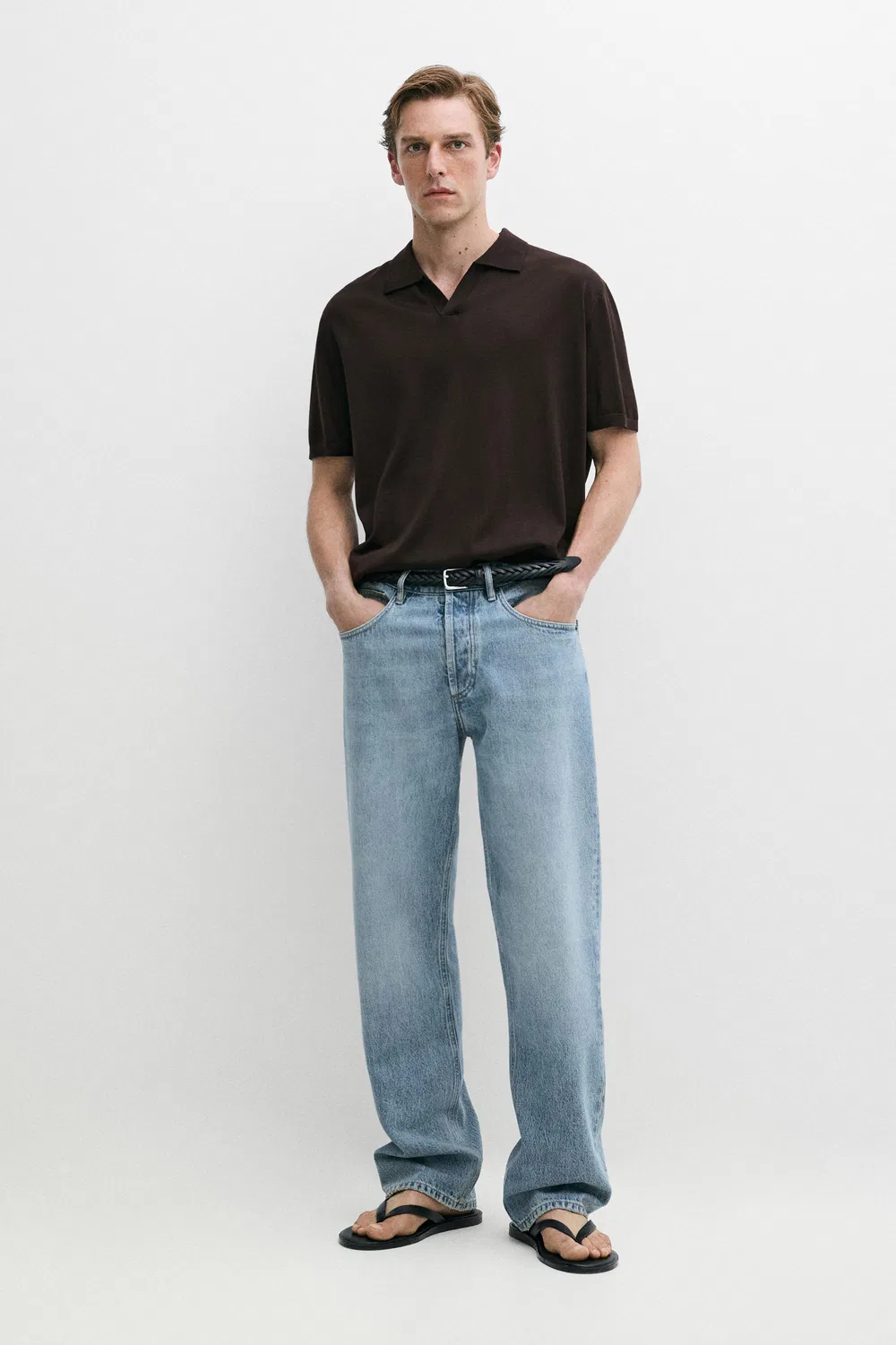 Поло рубашка Massimo Dutti, из шерстяной смеси, с коротким рукавом, коричневый
