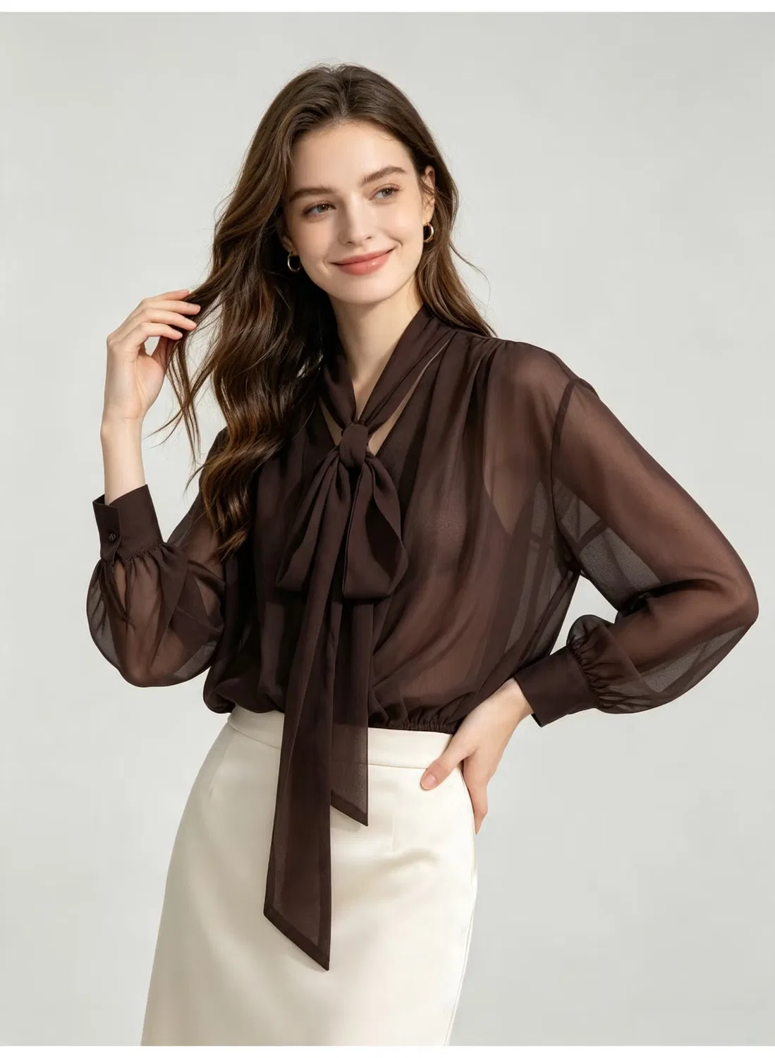 Блузка с бантом на шее Zara, коричневый