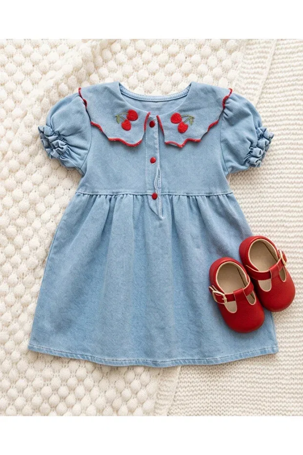 Детское платье для девочек джинсовое с вышивкой вишни Baby Buu, Blue — фото 3