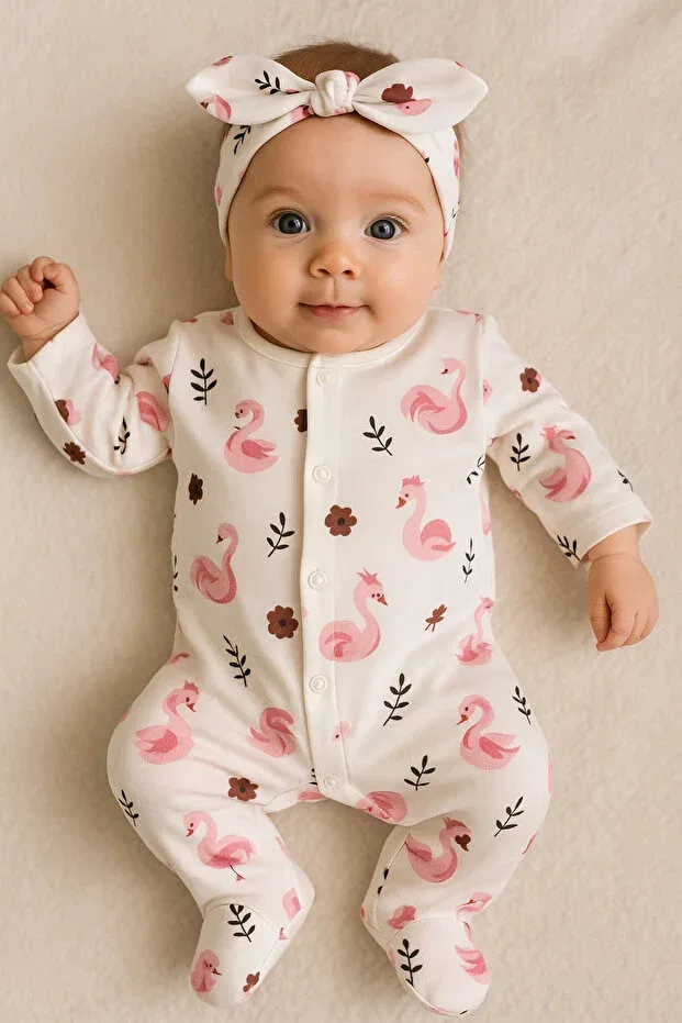Детский комплект боди-комбинезонов для новорожденных девочек Crowned swan pattern Linda Harris, Ecru