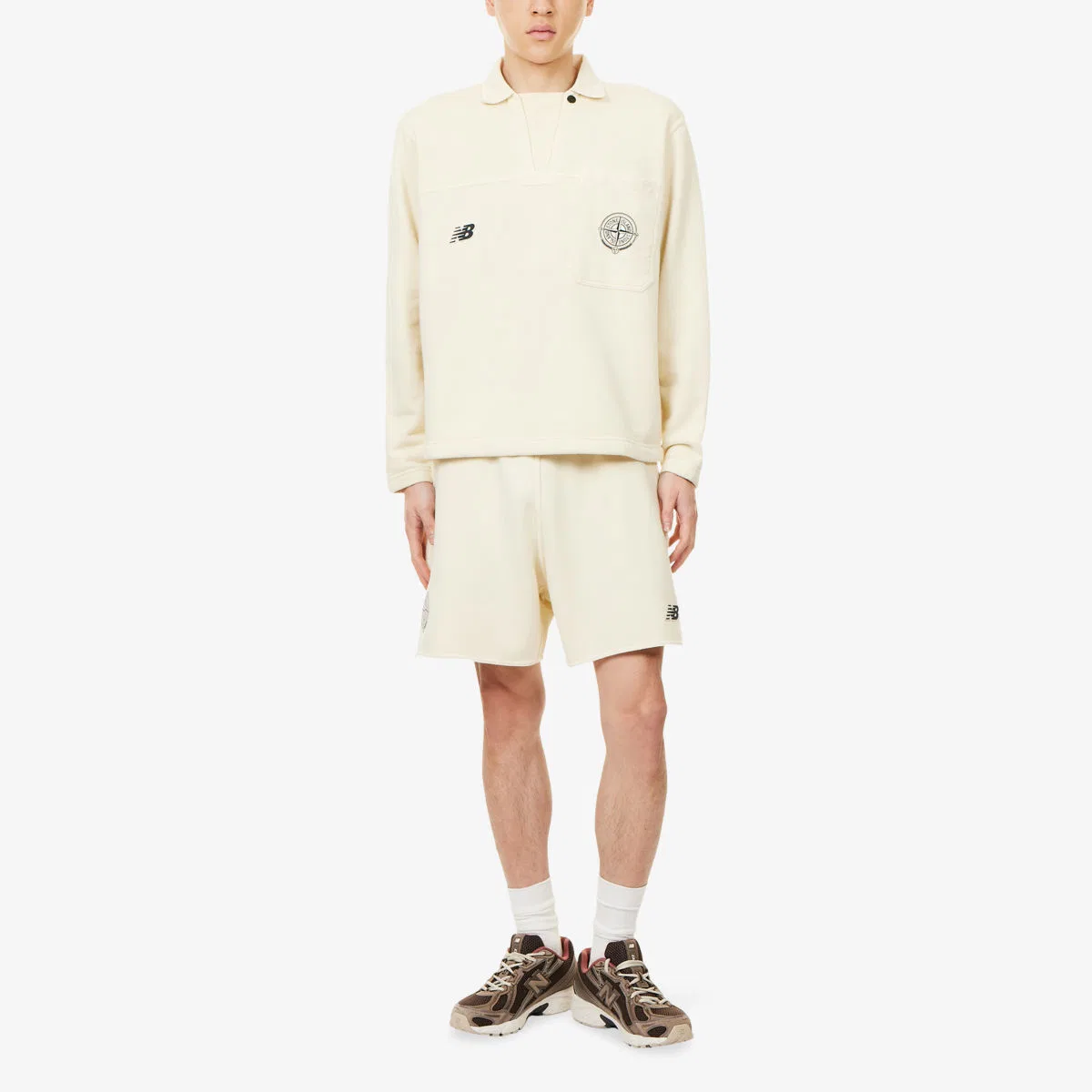 Хлопковая толстовка-поло stone island x new balance drill с логотипом, слоновая кость — фото 2