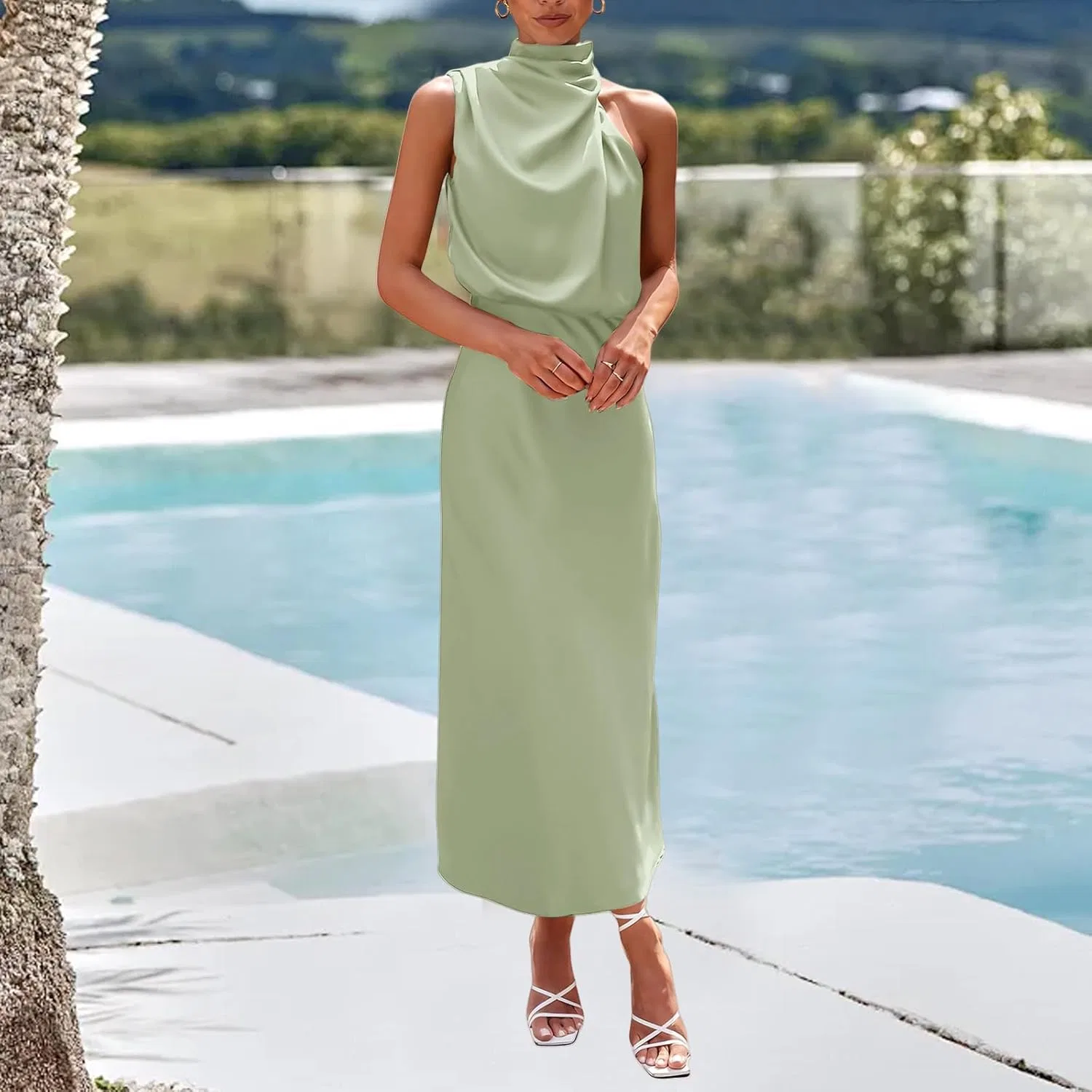 Женское сатиновое платье макси с запахом Satin Dress, Light Green — фото 3