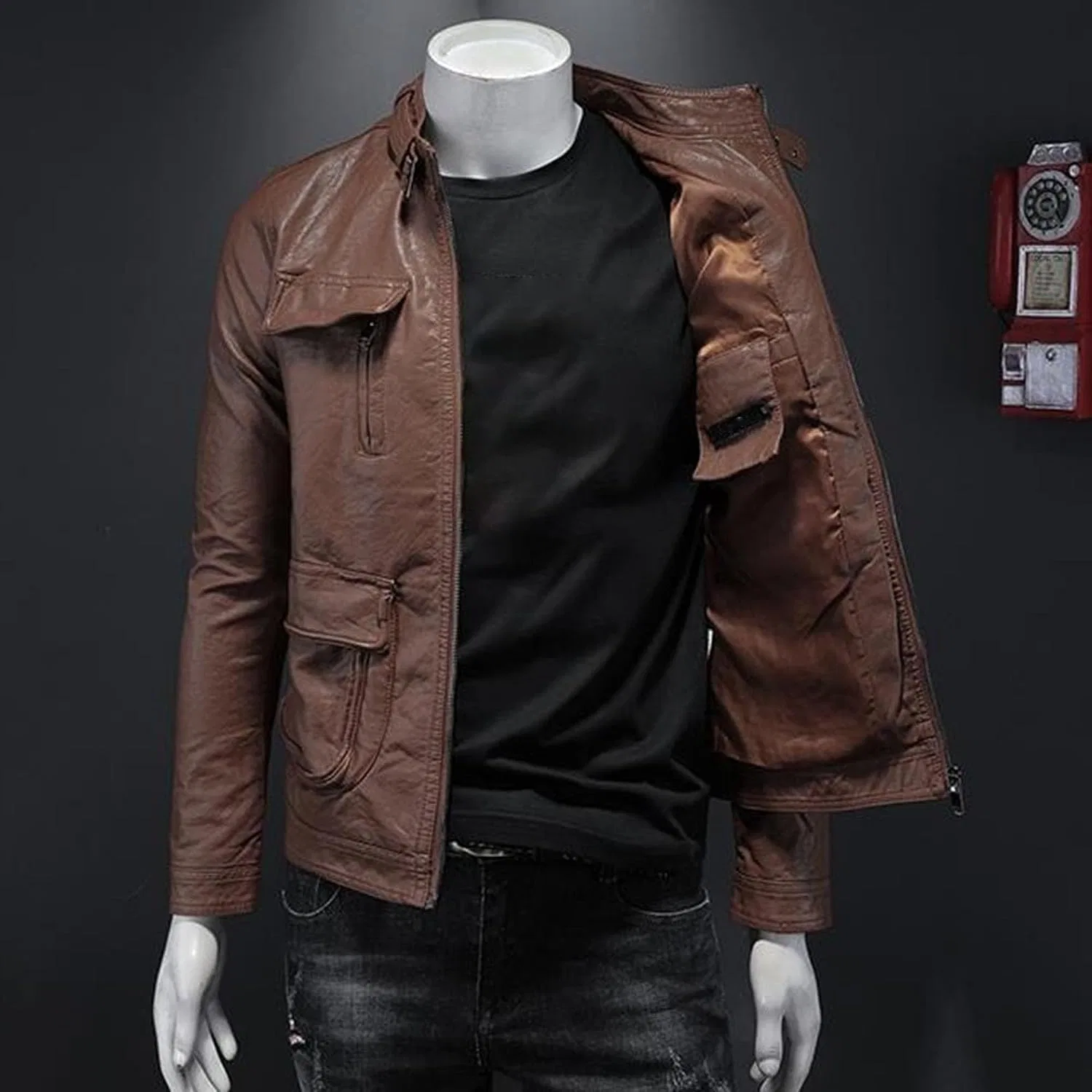 Мужская куртка из кожзама с воротником-стойкой, Cafe Racer Style, коричневый — фото 2