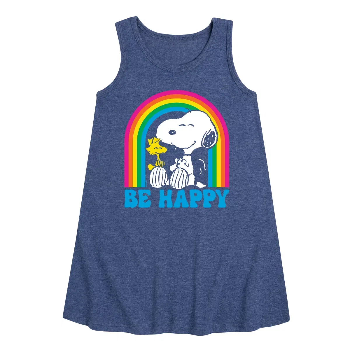 Детское платье-трапеция без рукавов с принтом Peanuts Be Happy Rainbow Peanuts, Heather Navy