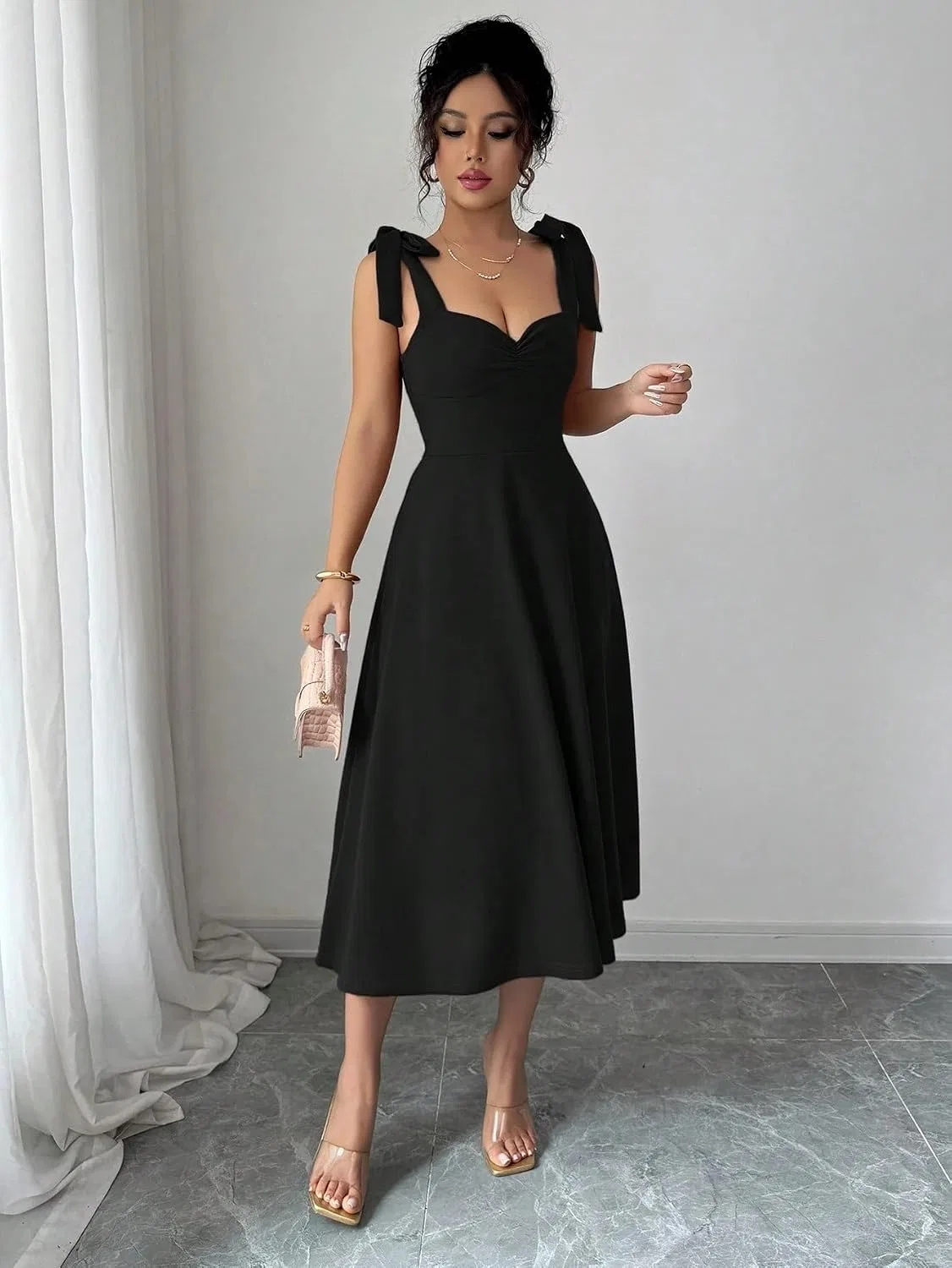 Женское повседневное платье миди с завязкой на талии, Black — фото 4