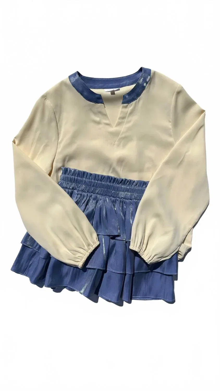 Детская блузка с длинным рукавом Milly Top Pleat, Cream/Blue — фото 2