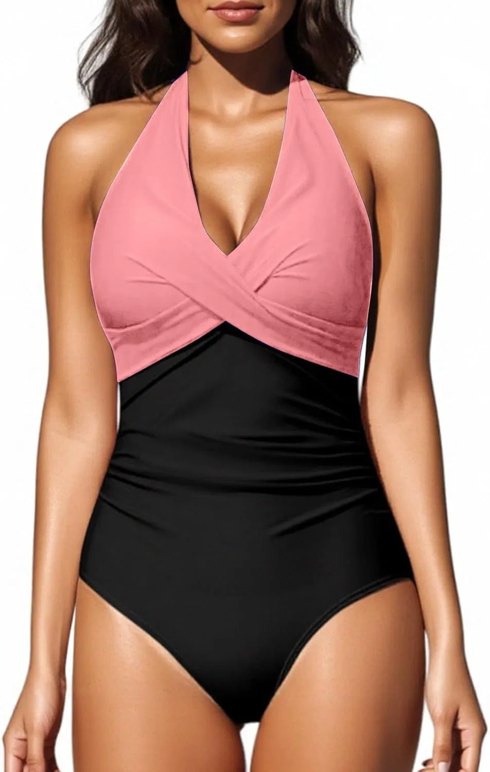 Женский цельнокроеный купальник с утяжкой живота Halter V-Neck, Pink