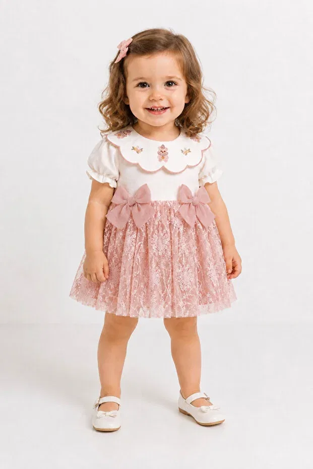 Детское платье для девочек хлопковое Begonya baby girl powder lace detailed bowknot holiday, special occasion dress 6-24 months Cumino, Powder - Ecru