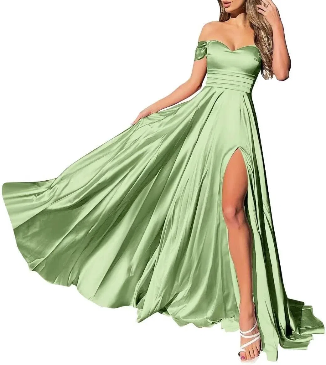 Женское атласное платье футляр с разрезом A-line, Sage Green