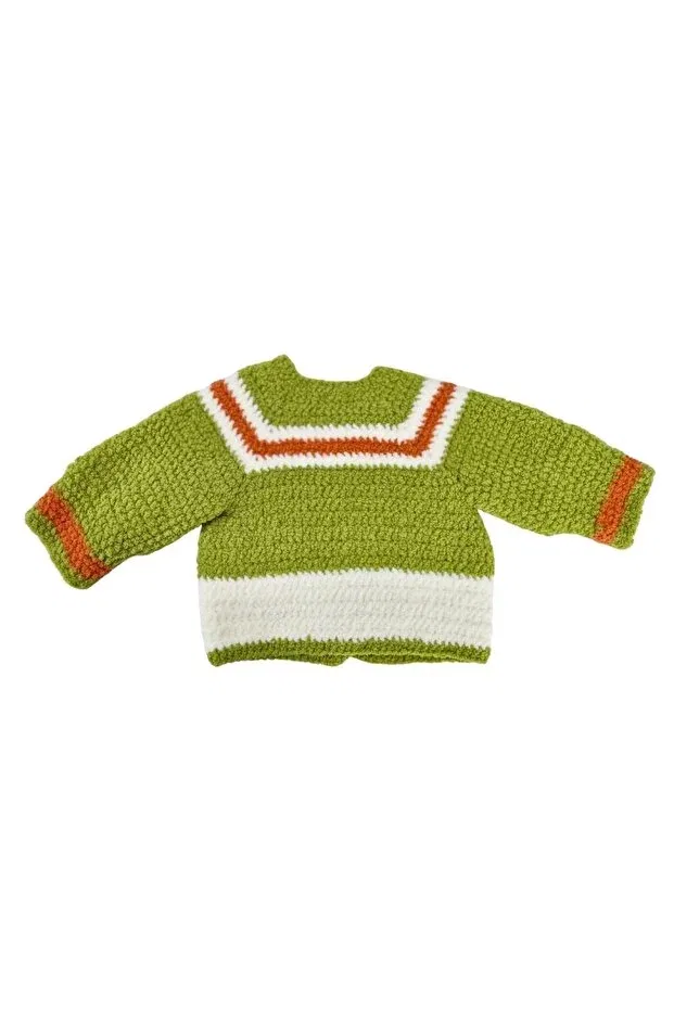 Детский кардиган для девочек в полоску Hand knitted soft plus green orange white striped pocket cardigan Evitle, Green — фото 3