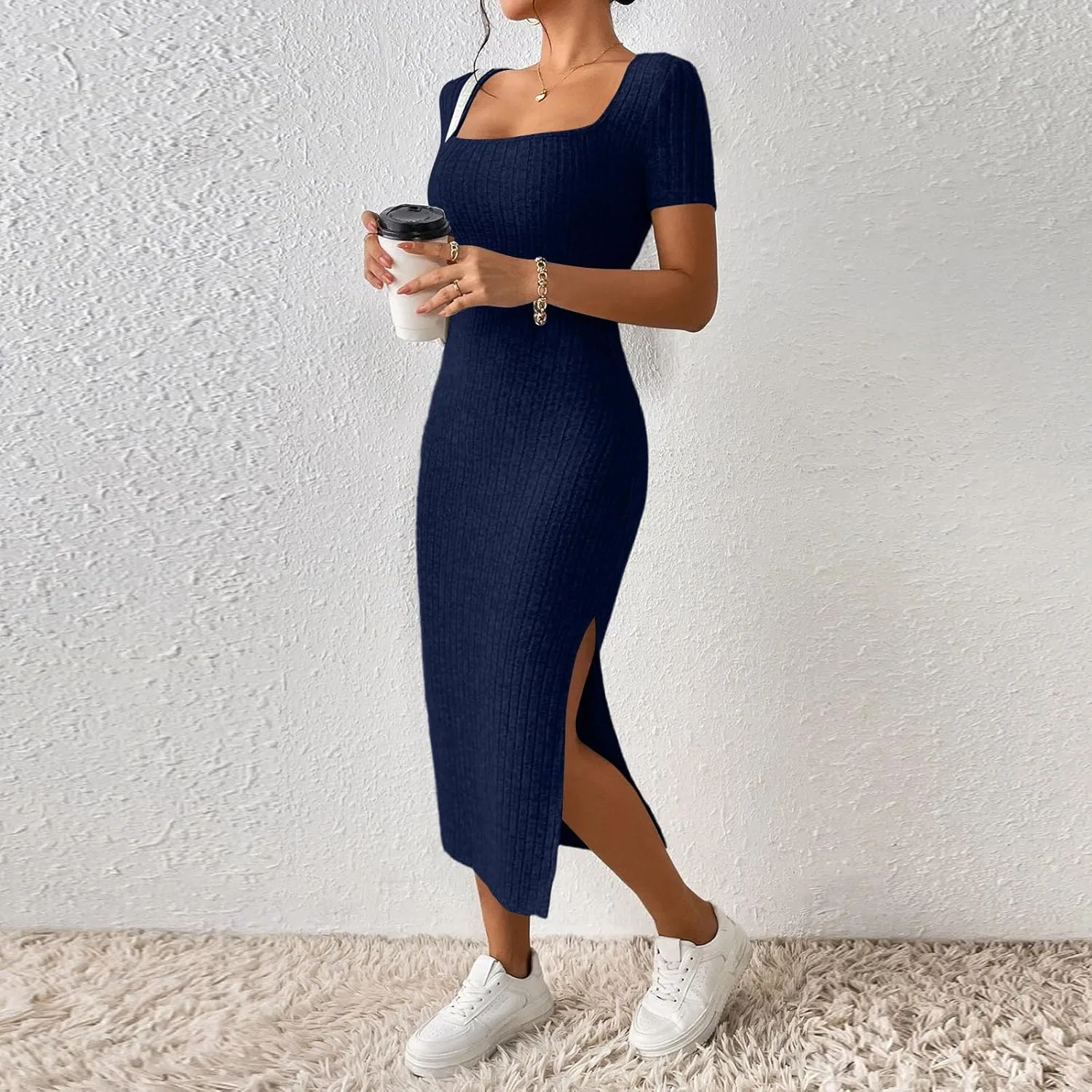 Женское облегающее платье миди с ребристой вязкой, Royal Blue — фото 2