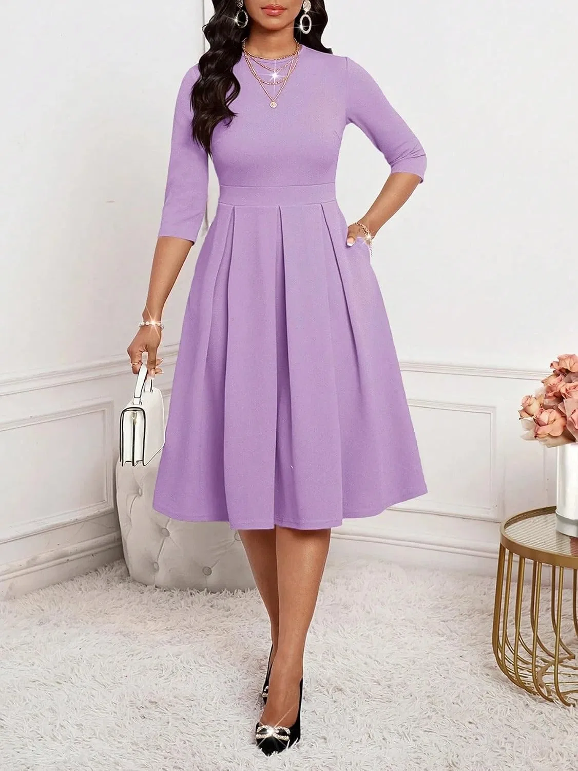 Женское миди-платье с круглым вырезом A-силуэта, Lilac Purple — фото 4