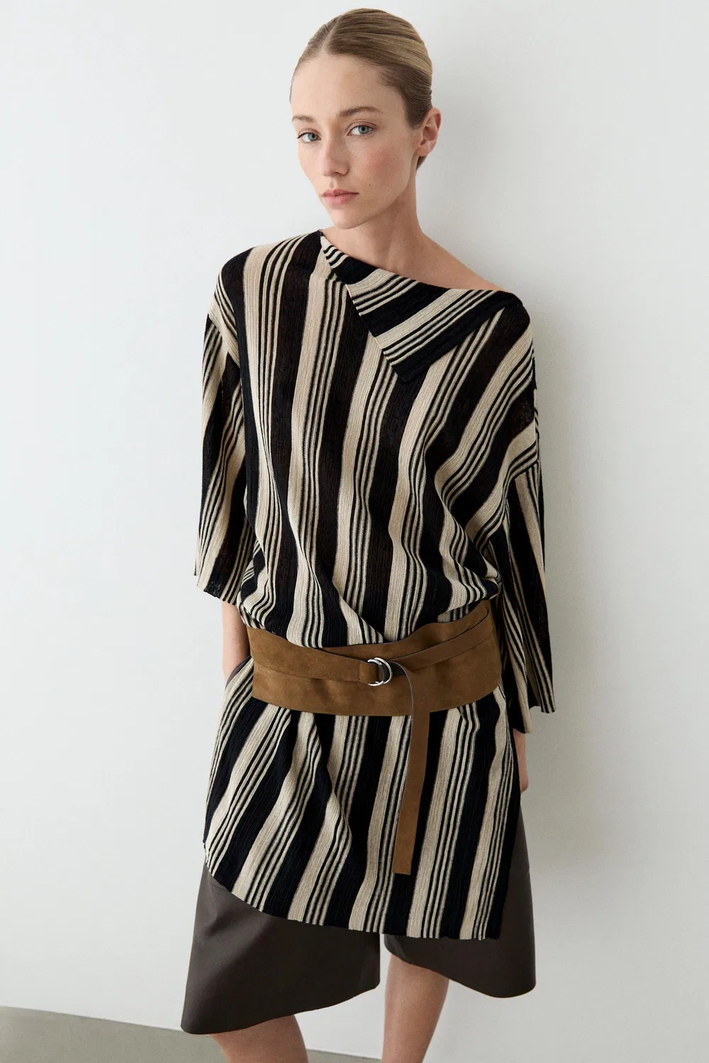 Кафтан Massimo Dutti, полосатый, вязаный, черный — фото 3