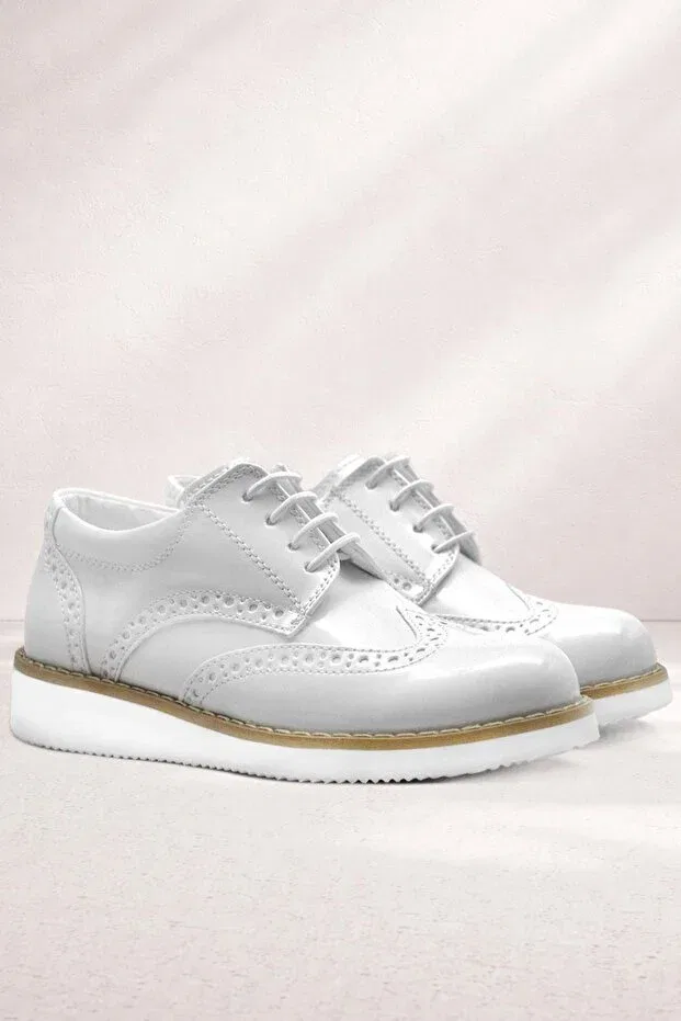 Детские туфли для мальчиков с коротким каблуком Hidra white patent leather lace-up boys' shoes Rakerplus, White