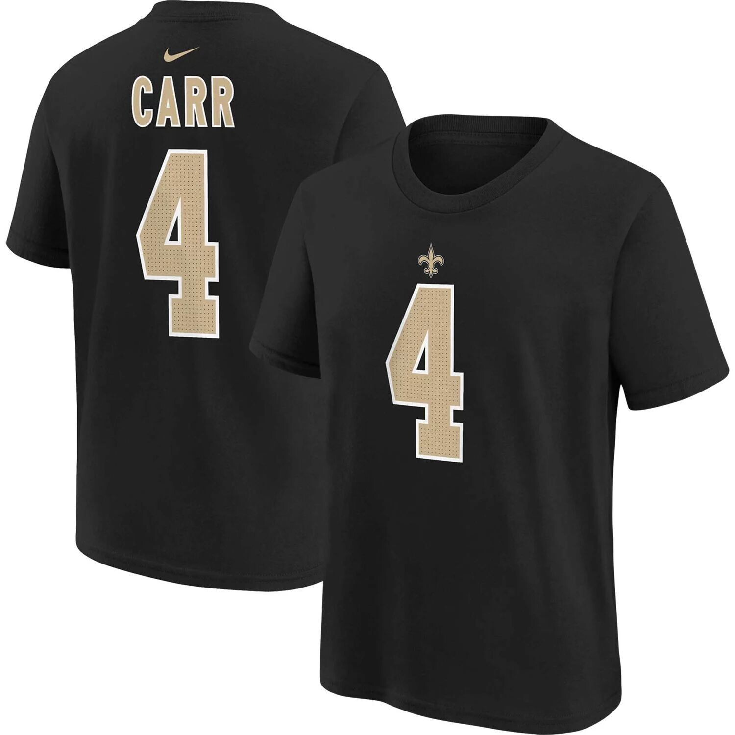 

Молодежная футболка Nike Derek Carr Black New Orleans Saints с именем и номером игрока Nike