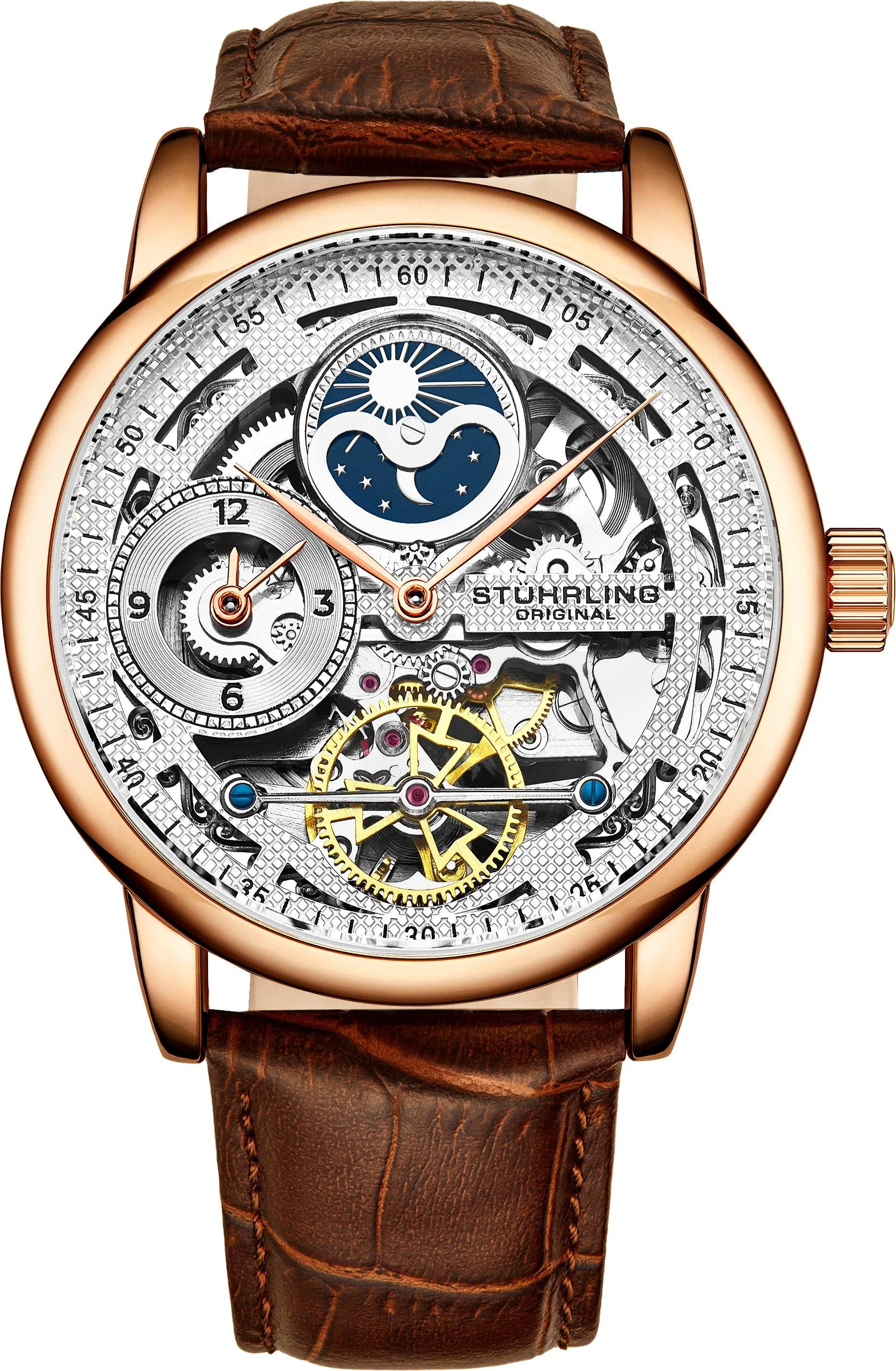 

Автоматические часы-скелетон Stuhrling 3917, двойной временной циферблат, индикатор AM/PM и кожаный ремешок с тиснением под кожу аллигатора для изысканного стиля STÜHRLING Original, розовое золото