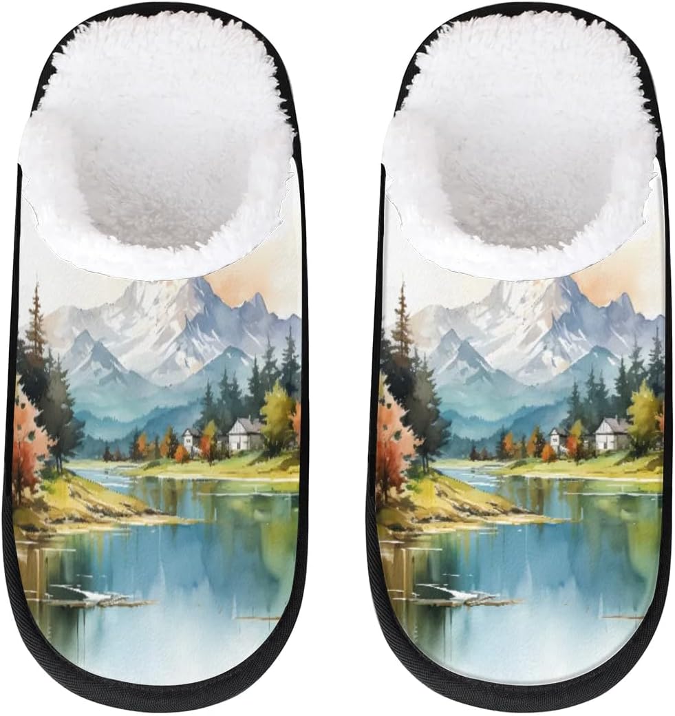

Тапочки Gublec для женщин и мужчин, уютные с нескользящей подошвой, для дома, теплые плюшевые тапочки для дома, спальни и путешествий, Landscape Watercolor