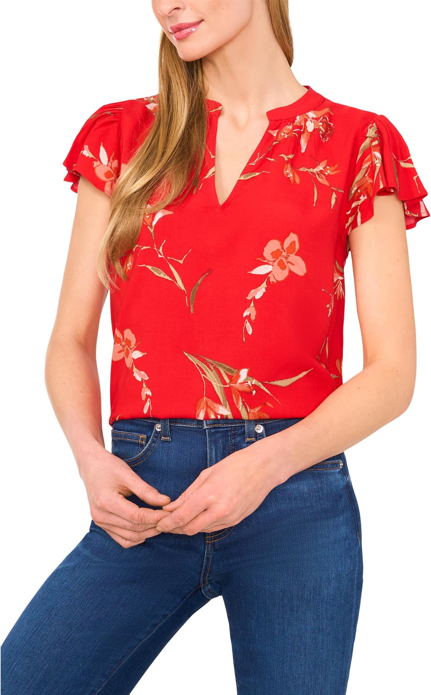 

Блуза CeCe V-neck Shirred Neck Flutter Sleeve Blouse, цвет Fiery Red