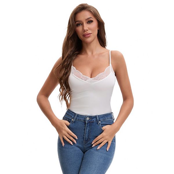 

Женская камисоль с кружевной отделкой из шелкового атласа, V-образным вырезом и регулируемыми бретелями Inspire Chic, White