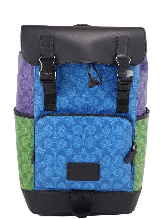 

Фирменный холщовый рюкзак с клапаном из синей кожи с цветными блоками Coach