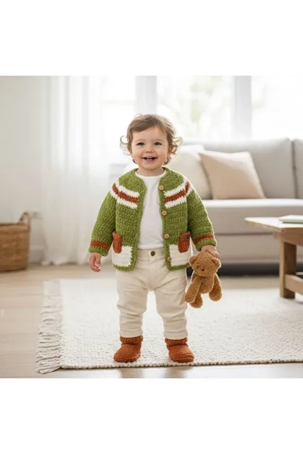 Детский кардиган для девочек в полоску Hand knitted soft plus green orange white striped pocket cardigan Evitle, Green