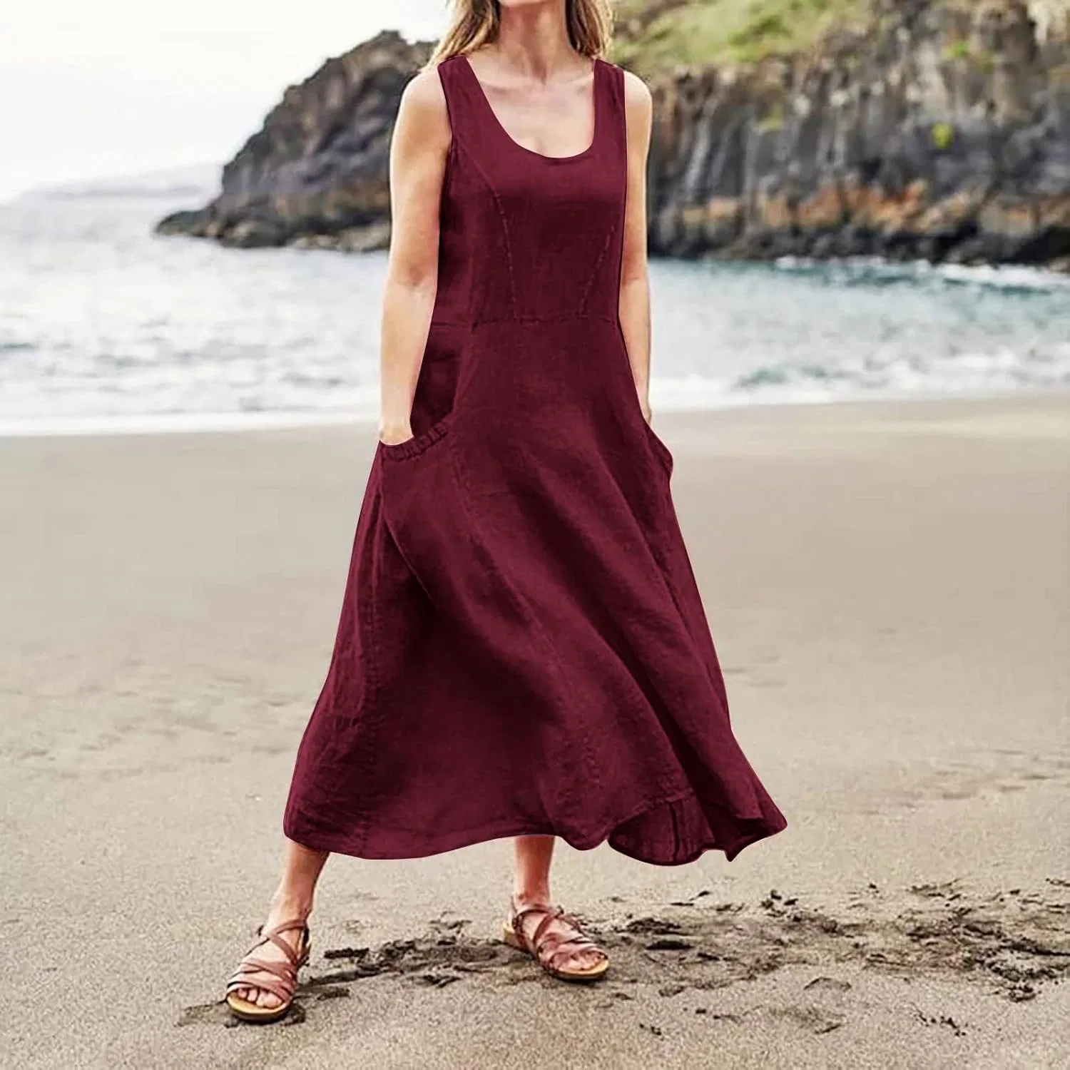 Женское льняное платье макси U-образный вырез Linen Dresses for Women 2025, P007-wine — фото 3