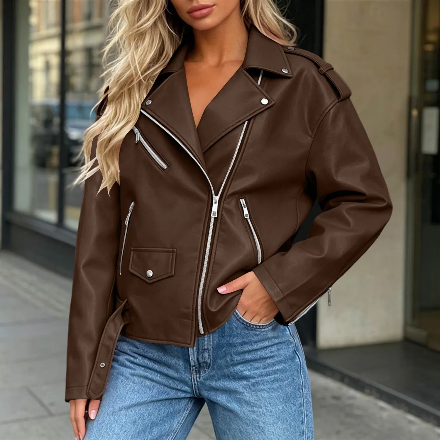 Женская куртка-косуха из экокожи с принтом UK moto Biker, Marrone 1 — фото 3
