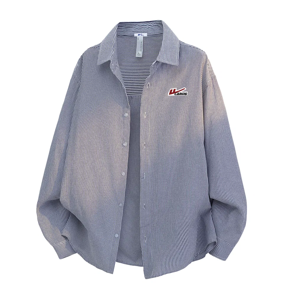 Детская рубашка с воротником в полоску, Shirts Unisex Lapel Moderate Other, WARRIOR, Denim Blue White Stripes (DIY Badge)