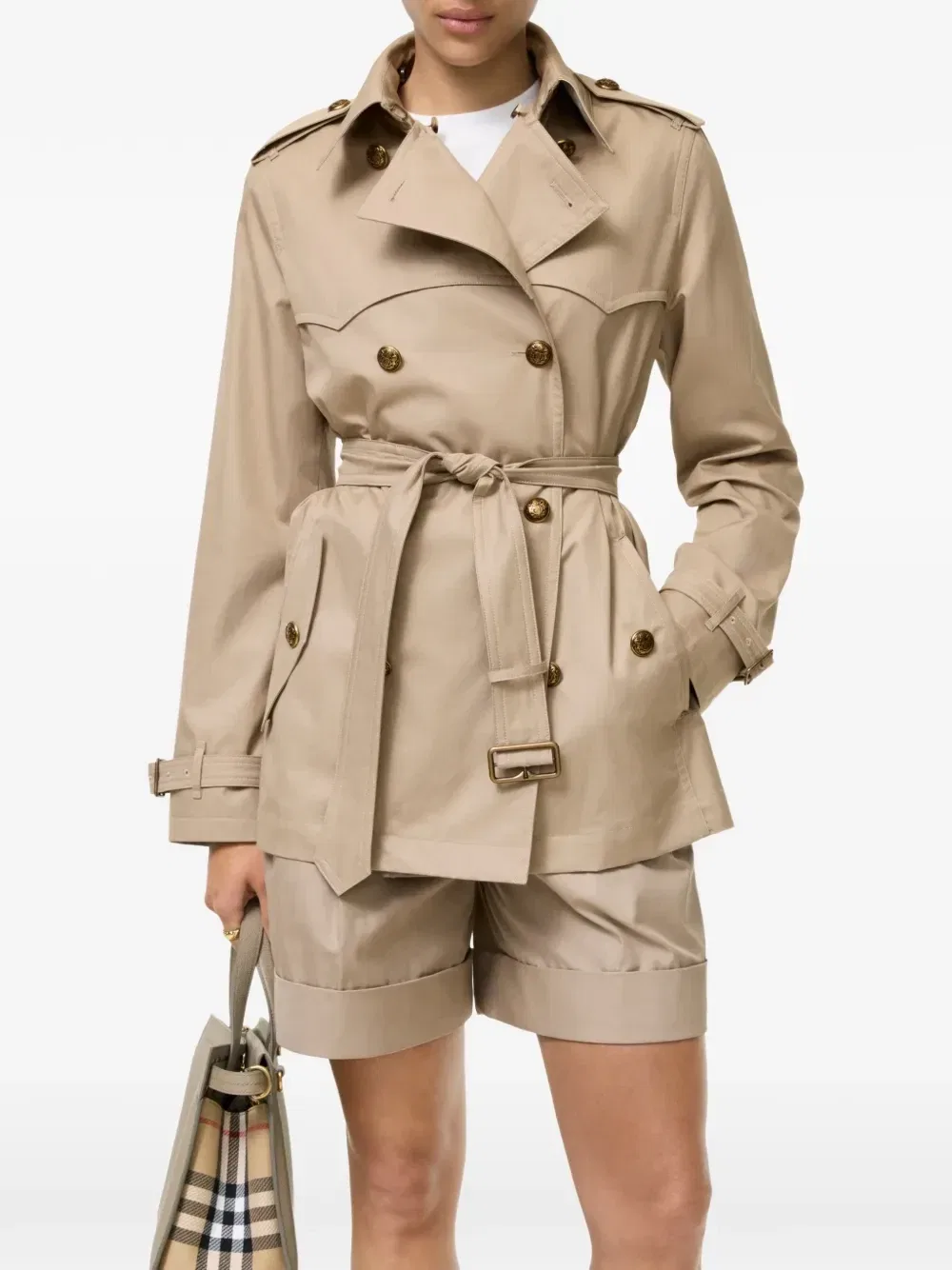 Короткий тропический габардиновый тренч Foxfield Burberry, бежевый — фото 2