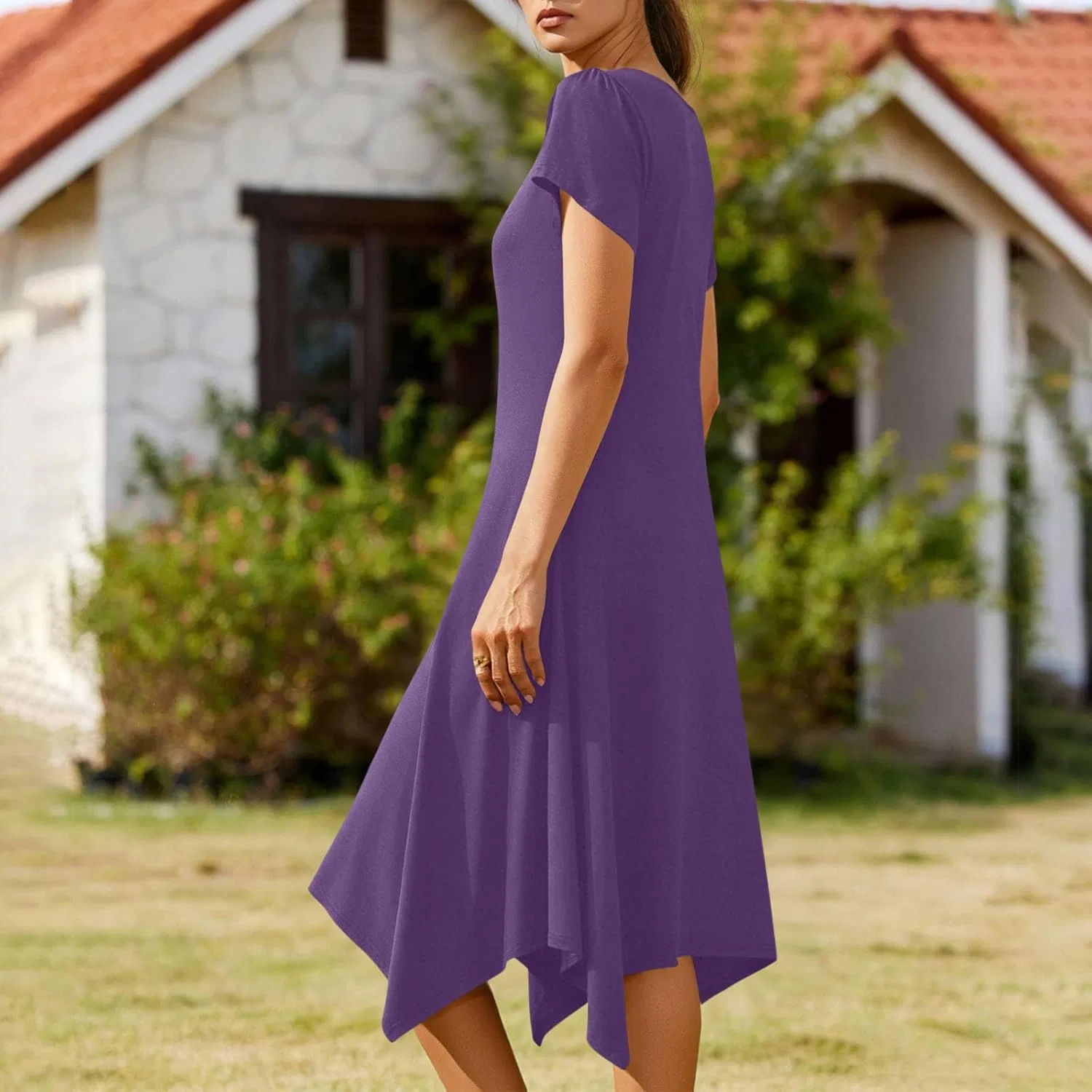 Женское летнее платье А-силуэта с коротким рукавом-лепестком, Purple — фото 3