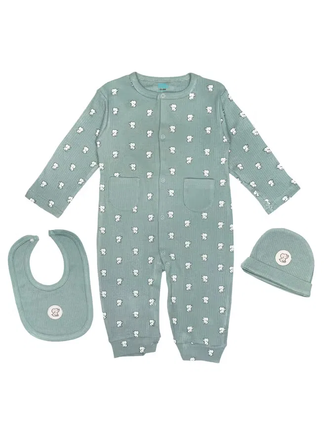 Боди-комбинезон из рубчатого хлопка с шапочкой и слюнявчиком Babies Basic, зеленый