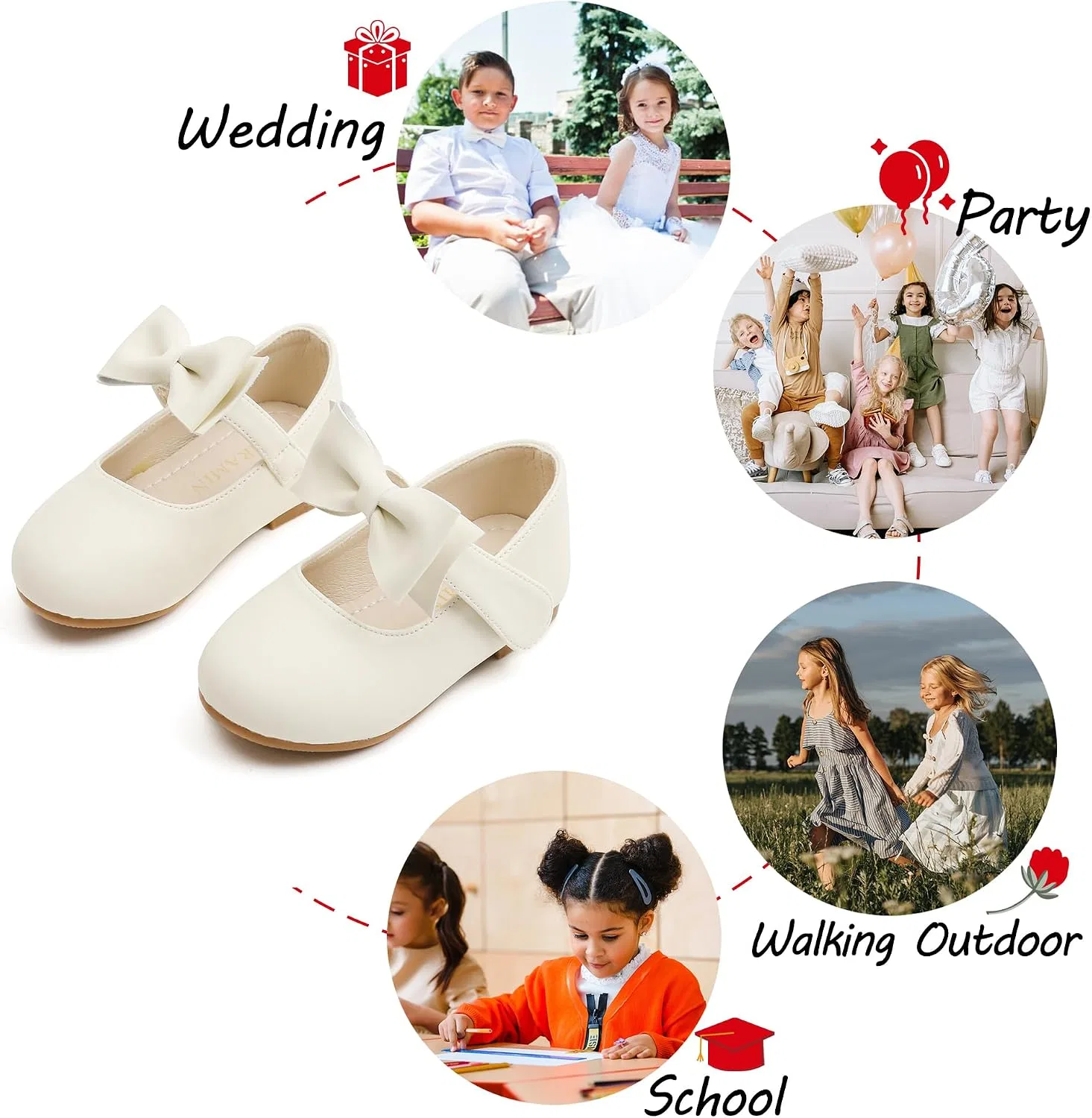 Детские туфли Мэри Джейн для девочек PHIRAMIN, Fashionable Bowknot Ivory White — фото 4