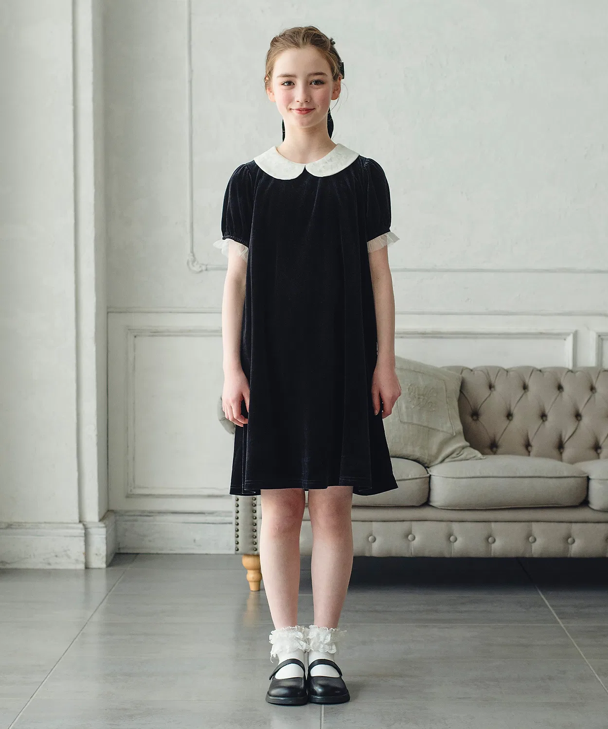 Детское платье из вельвета с блестками и круглым воротником Spangle DRESCCO, Black