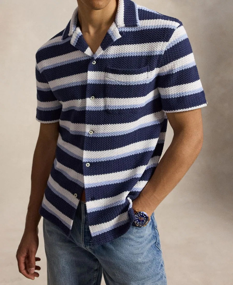 Мужская рубашка-кэмп с принтом из хлопка, модель Striped Herringbone Polo Ralph Lauren, Newport Navy Multi — фото 3