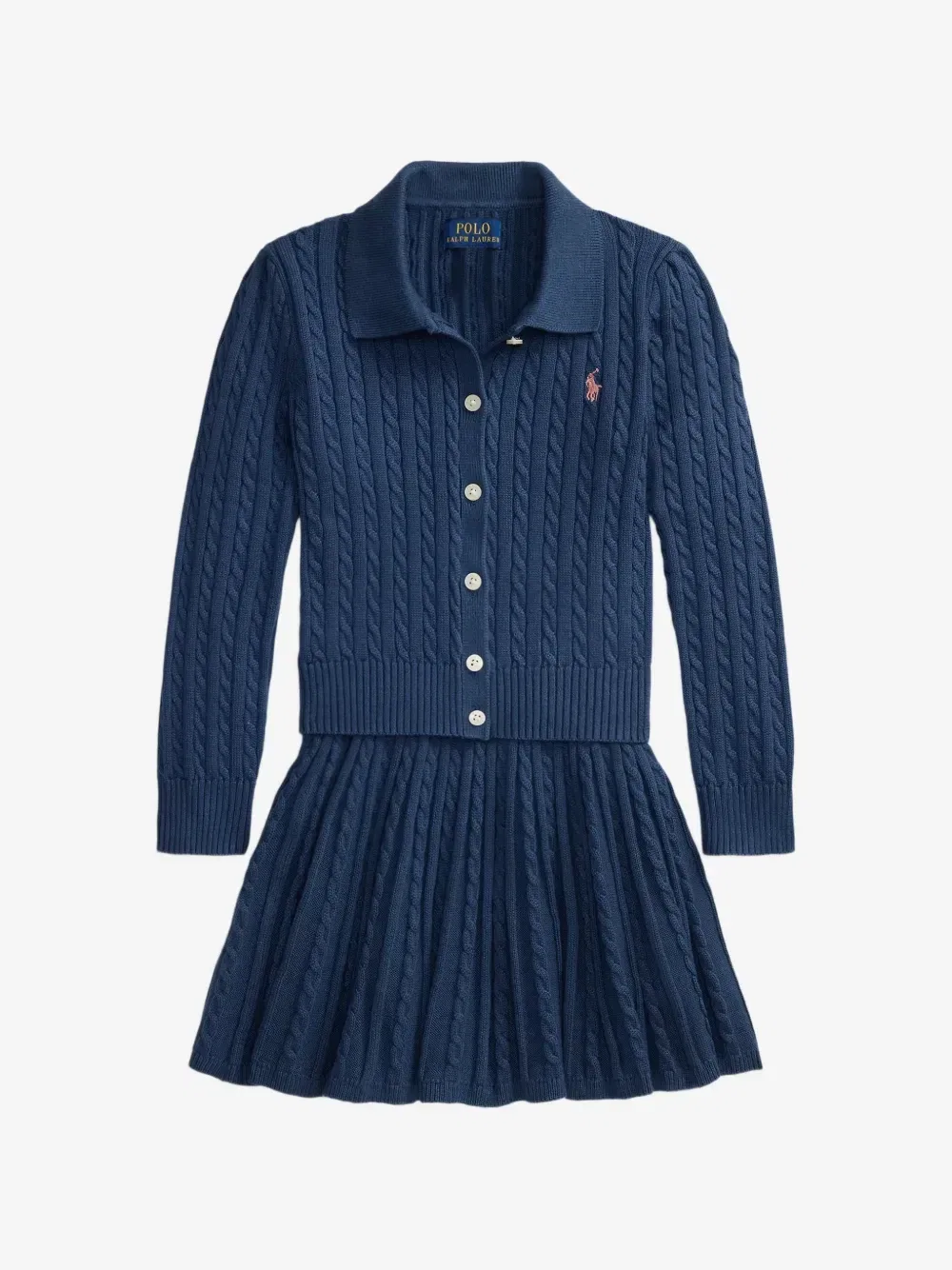 Комплект из хлопкового кардигана-поло и юбки POLO RALPH LAUREN KIDS, синий