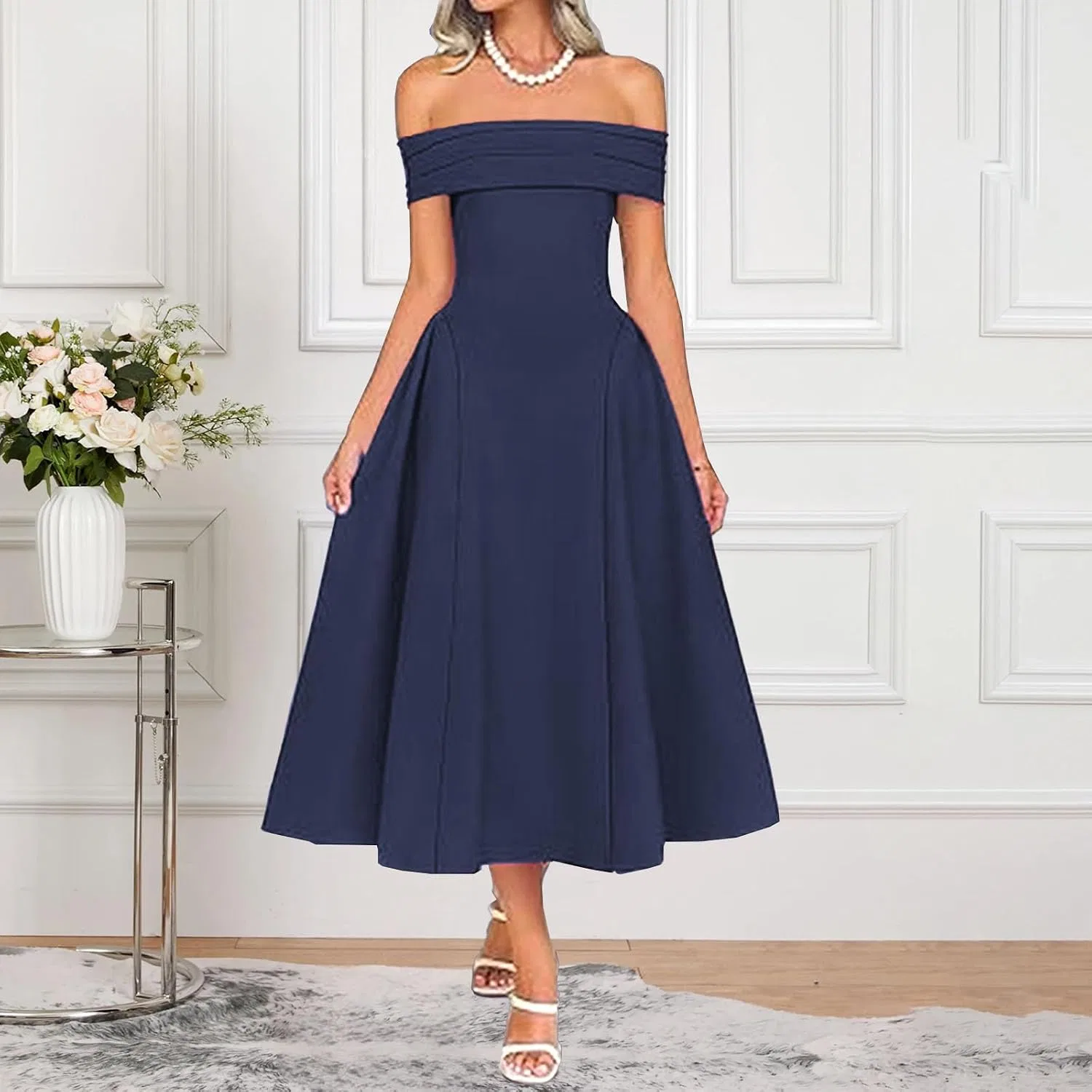 Женское элегантное платье с открытыми плечами Navy Blue — фото 2