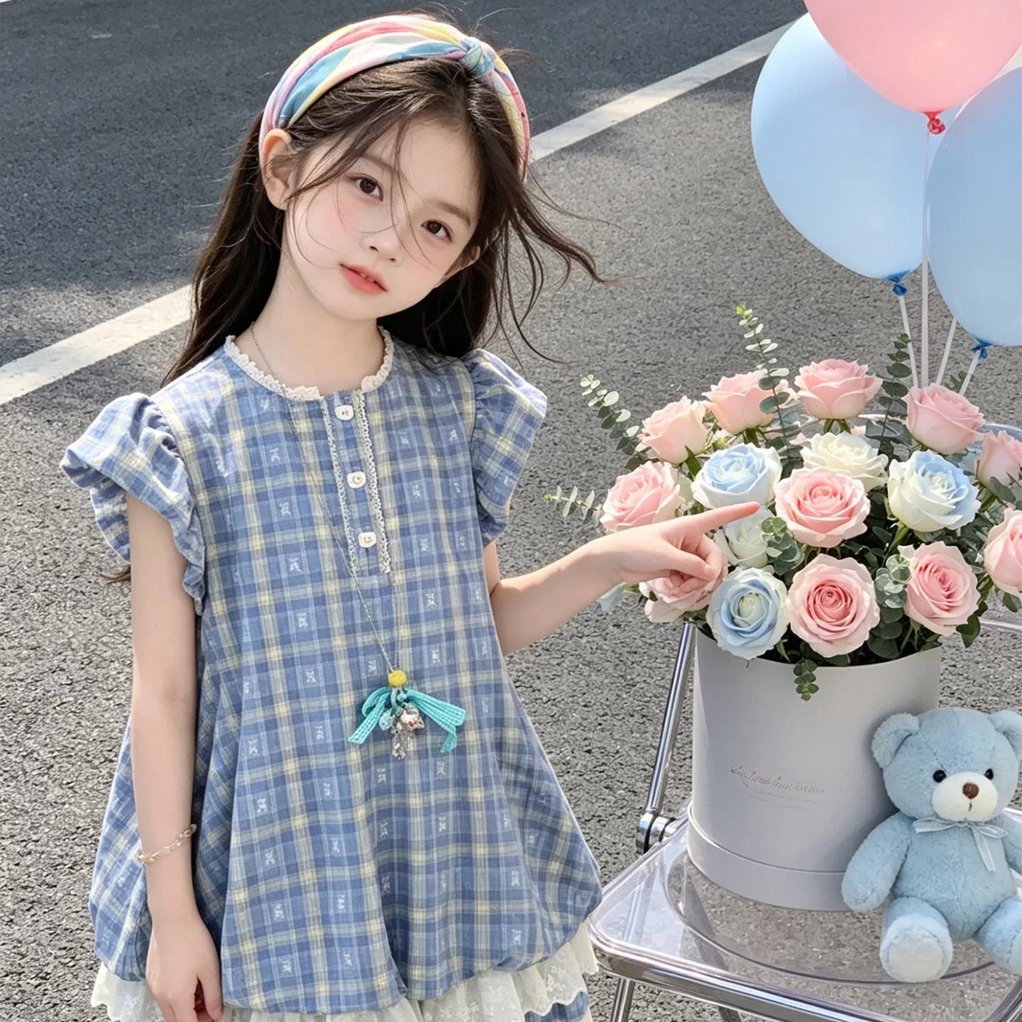 Детский комплект для девочек с принтом Bear Plaid Dress Two-Piece Set TNTX — фото 3