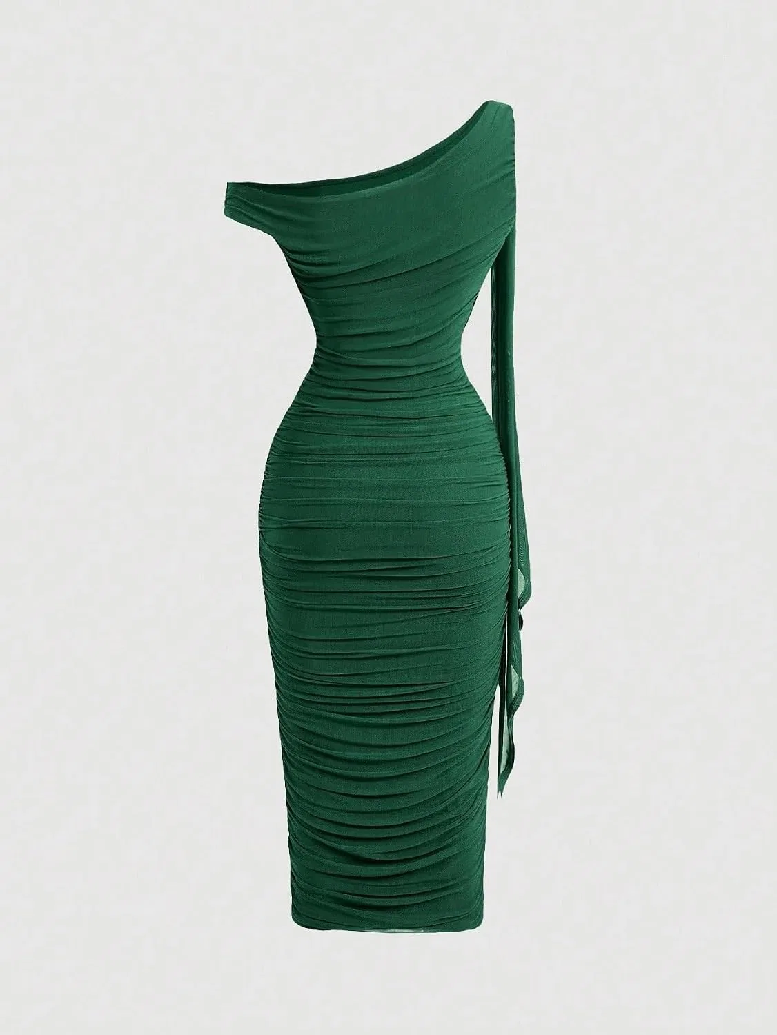 Женское приталенное платье миди с асимметричной горловиной, Dark Green — фото 2