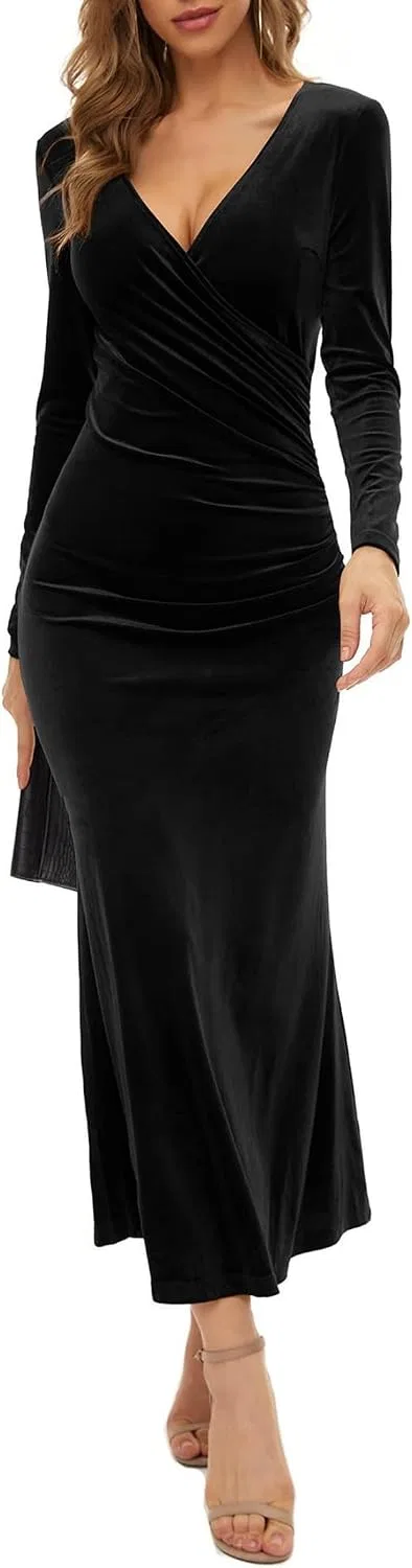 Женское бархатное платье-запах с V-образным вырезом Bodycon, Black — фото 4