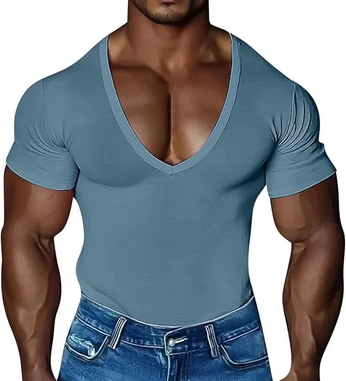 Мужская футболка с глубоким V-вырезом, Muscle T Shirt, Mint Blue