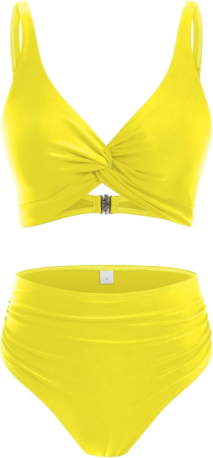 Женский купальный костюм с завышенной талией и драпировкой, Yellow — фото 4