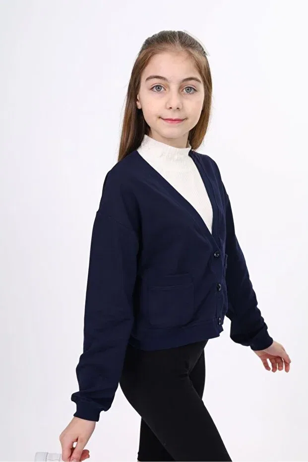 Детский вязаное кардиган для девочек с v-образным вырезом Navy Blue Toontoy, Navy Blue — фото 3