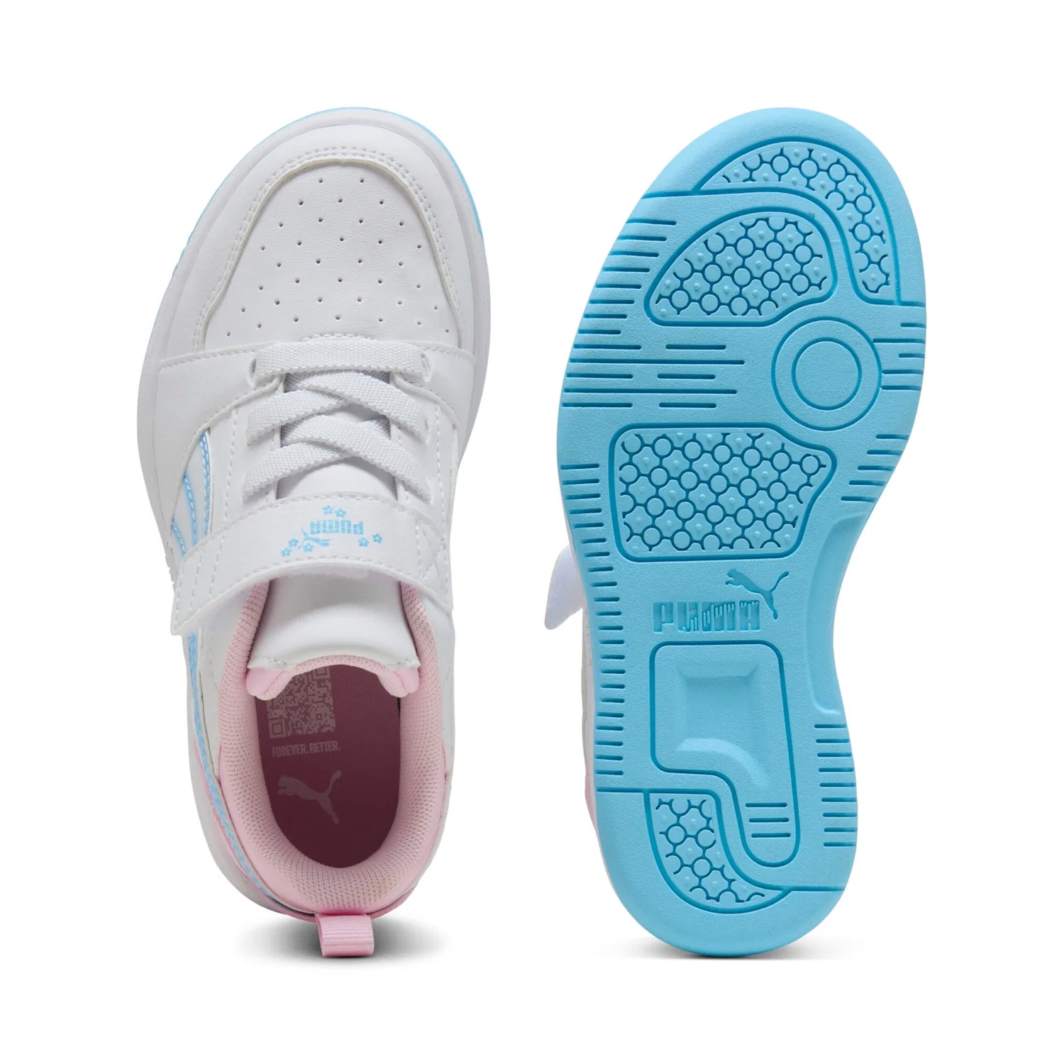 Детские кроссовки с легкопрофилированной подошвой PUMA REBOUND V6 LO JELLY HEAVEN AC PS, White/Vibrant Blue/Pink Shimmer — фото 4