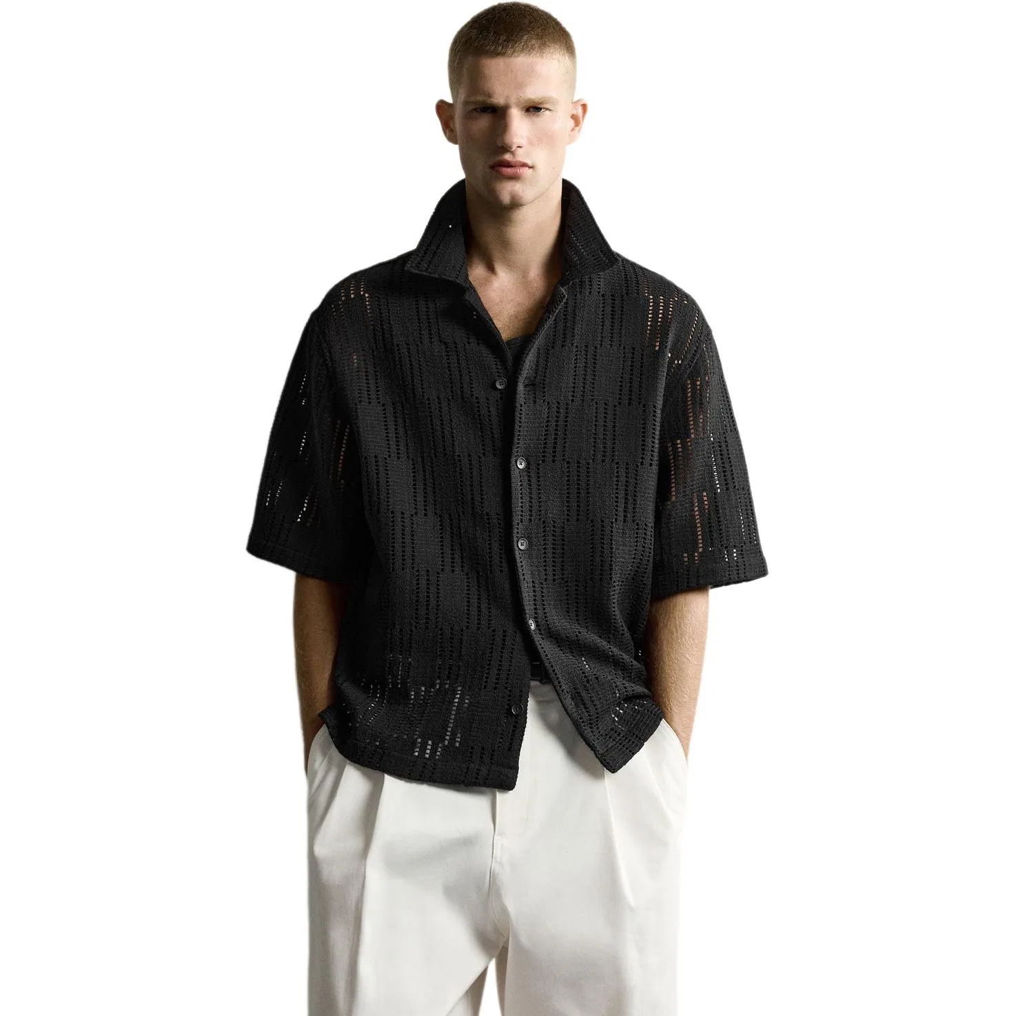 Мужская рубашка с отложным воротником Black ZARA, Black — фото 4