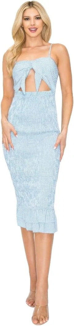 Женское платье миди с шахматным принтом Front Knot Smocked, Blue