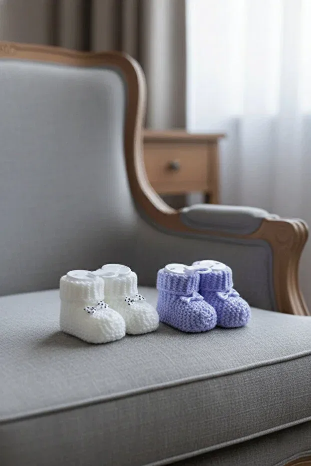 Детские пинетки для новорожденных вязаные с бантиком Caramini, Blue & White — фото 3